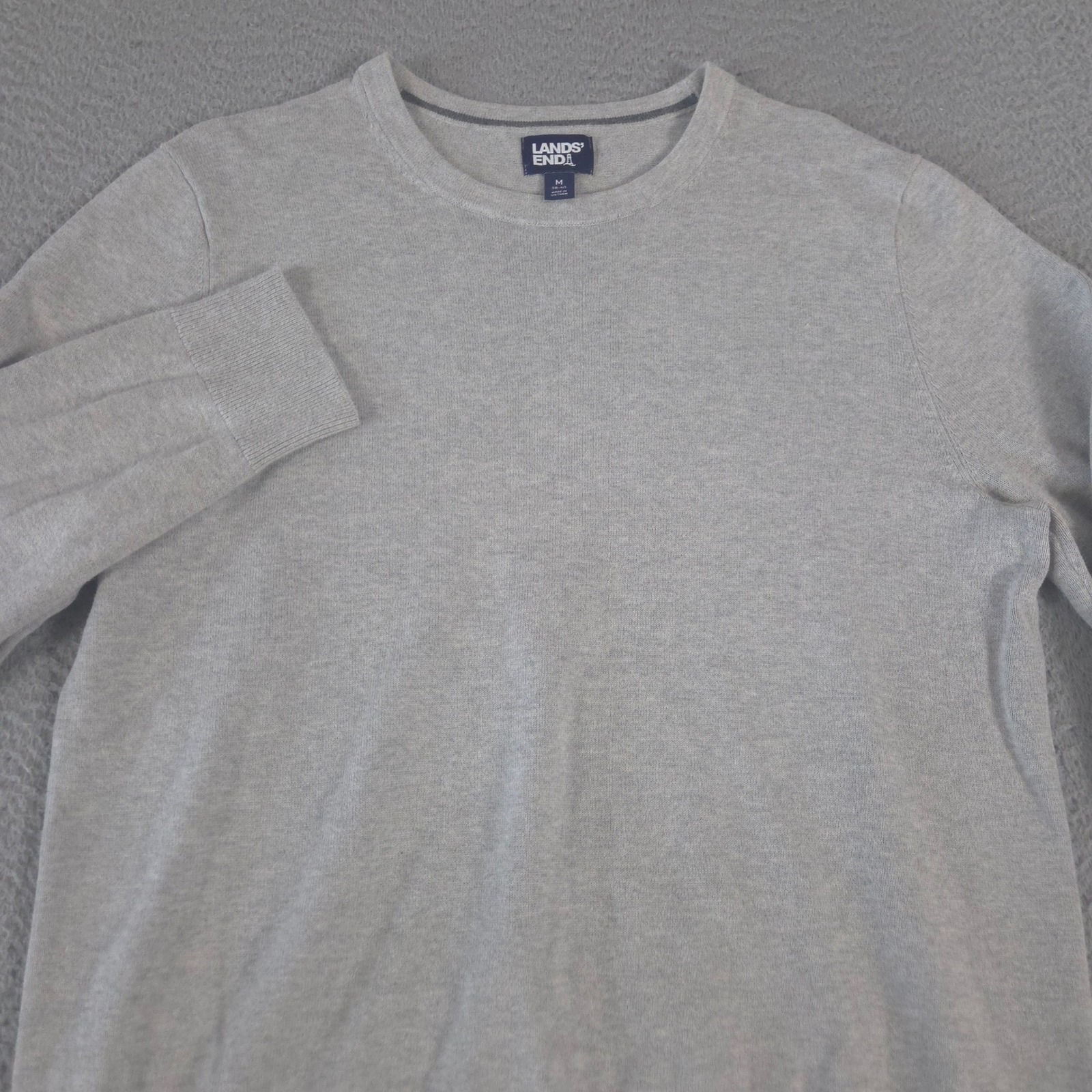Lands End Sweater Mens Medium Grey Fine Gauge Cotton Crew Neck Pullover Ribbed